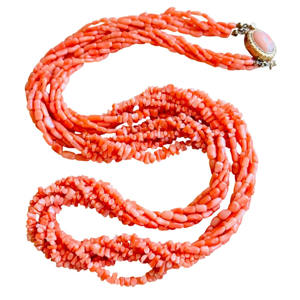 VTG Mediterranean Pink Coral Natural Torsade Necklace‎ Gold Filled Italy 30" 83g